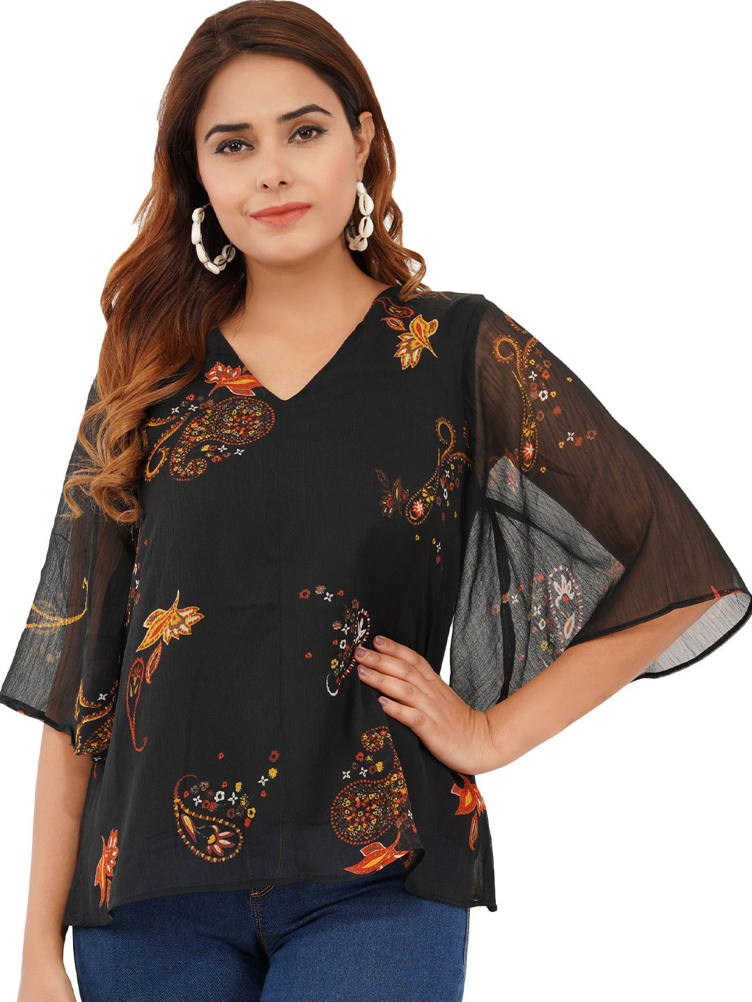 

Edla Women Floral Printed V-Neck Chiffon Top, Black