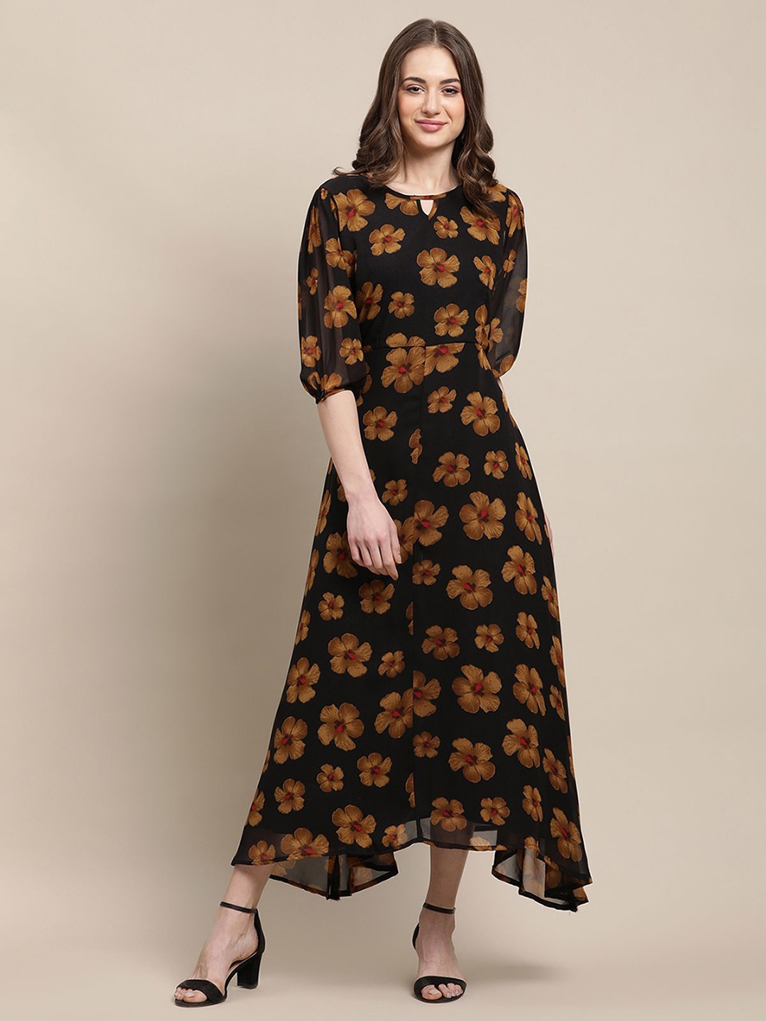 

Metronaut Women Floral Print Puff Sleeve Applique Georgette Fit & Flare Midi Dress, Mustard