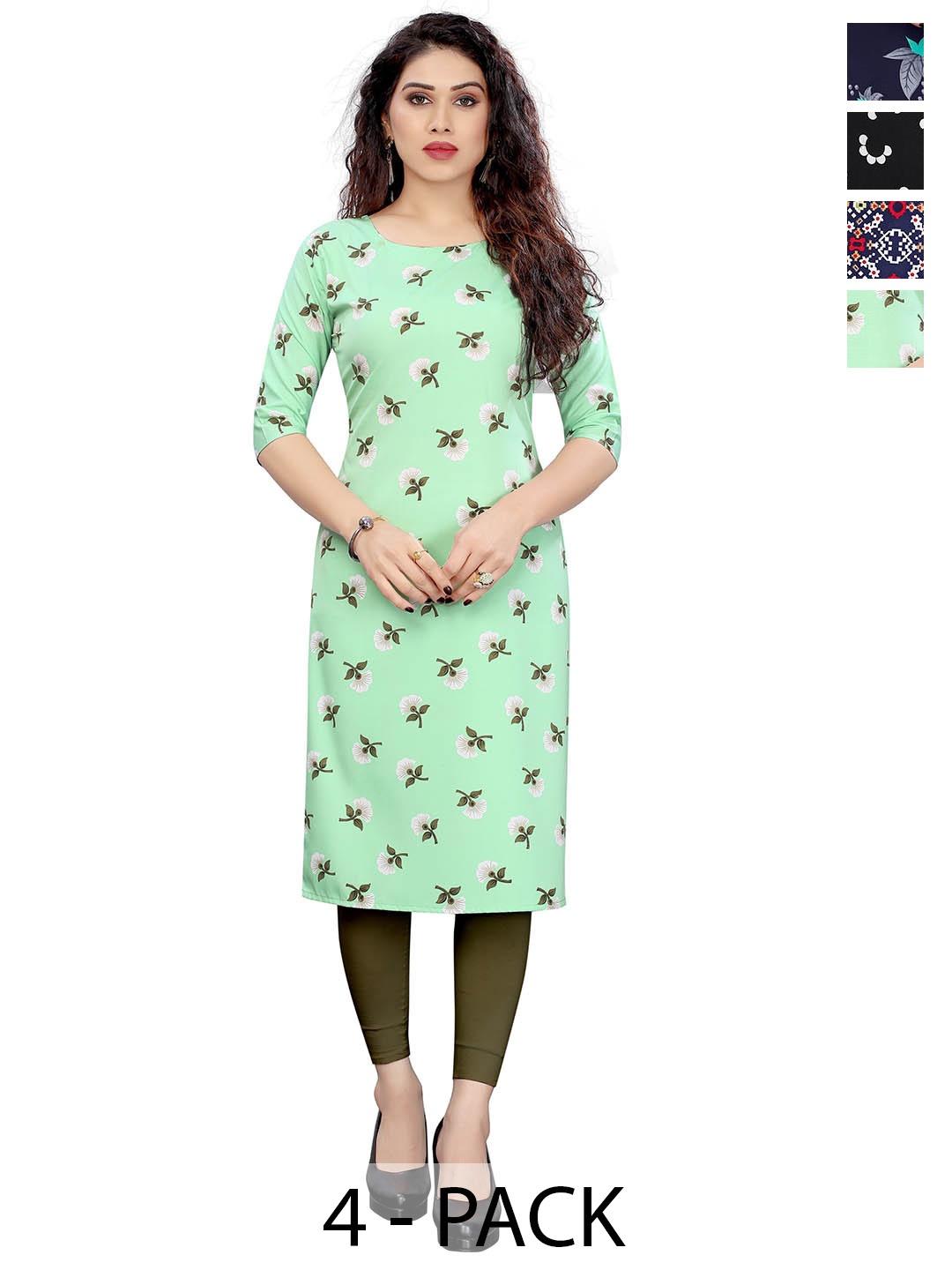 

KETAKI FASHION Selection Of 4 Floral Printed Round Neck Straight Kurtas, Navy blue