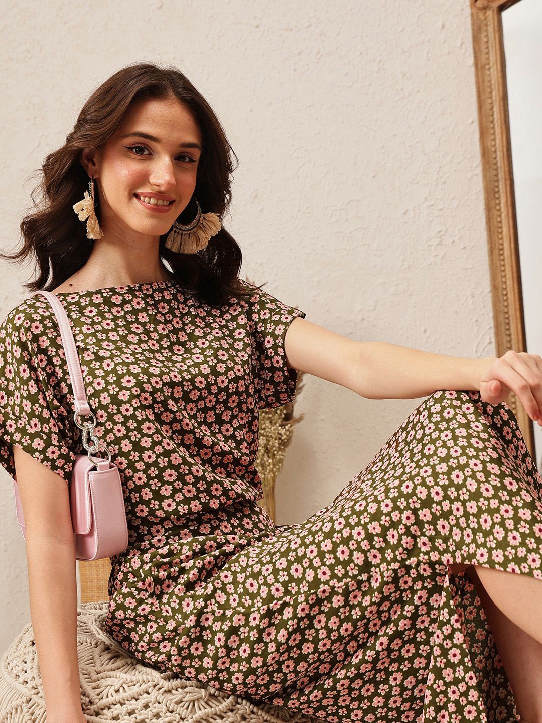

QUIERO Women Floral Print Boat Neck A-Line Maxi Dress, Olive