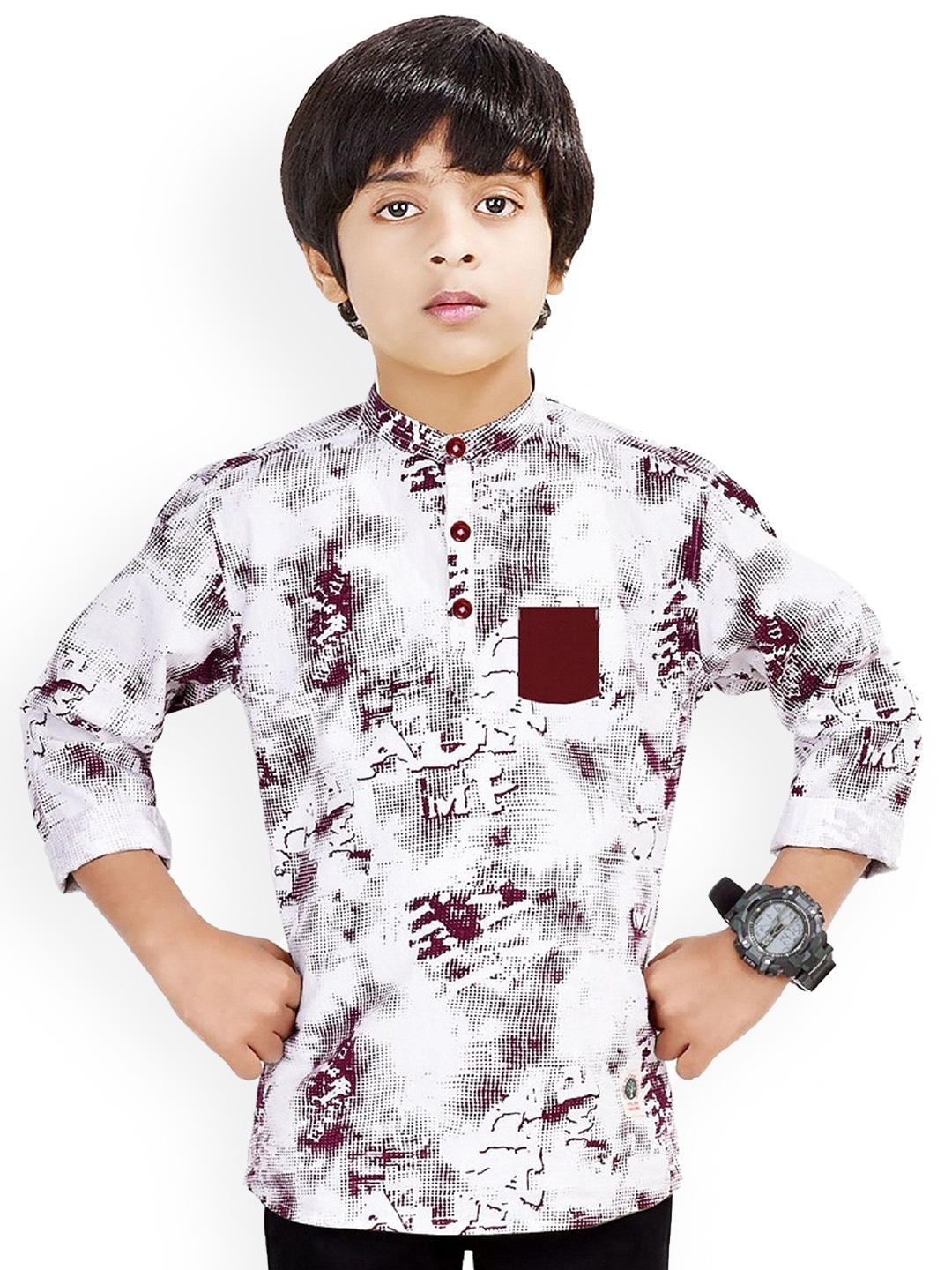 

MADE IN THE SHADE Boys Abstract Printed Band Collar Pure Cotton Short Kurta, White