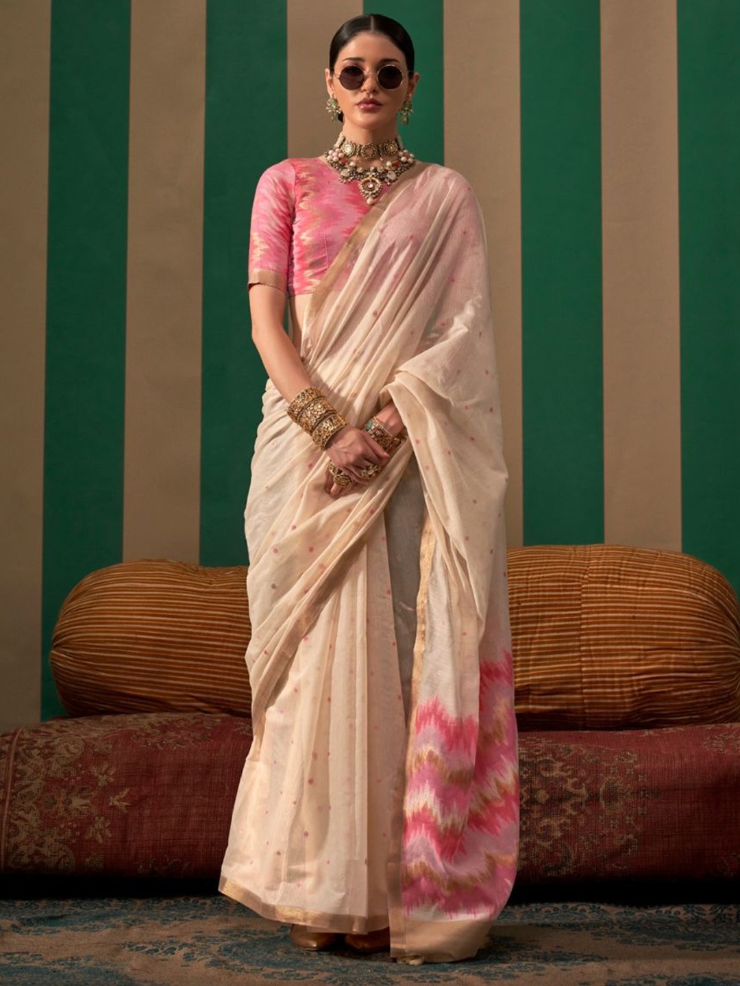 

PEENGAX Woven Design Zari Chanderi Saree, Cream