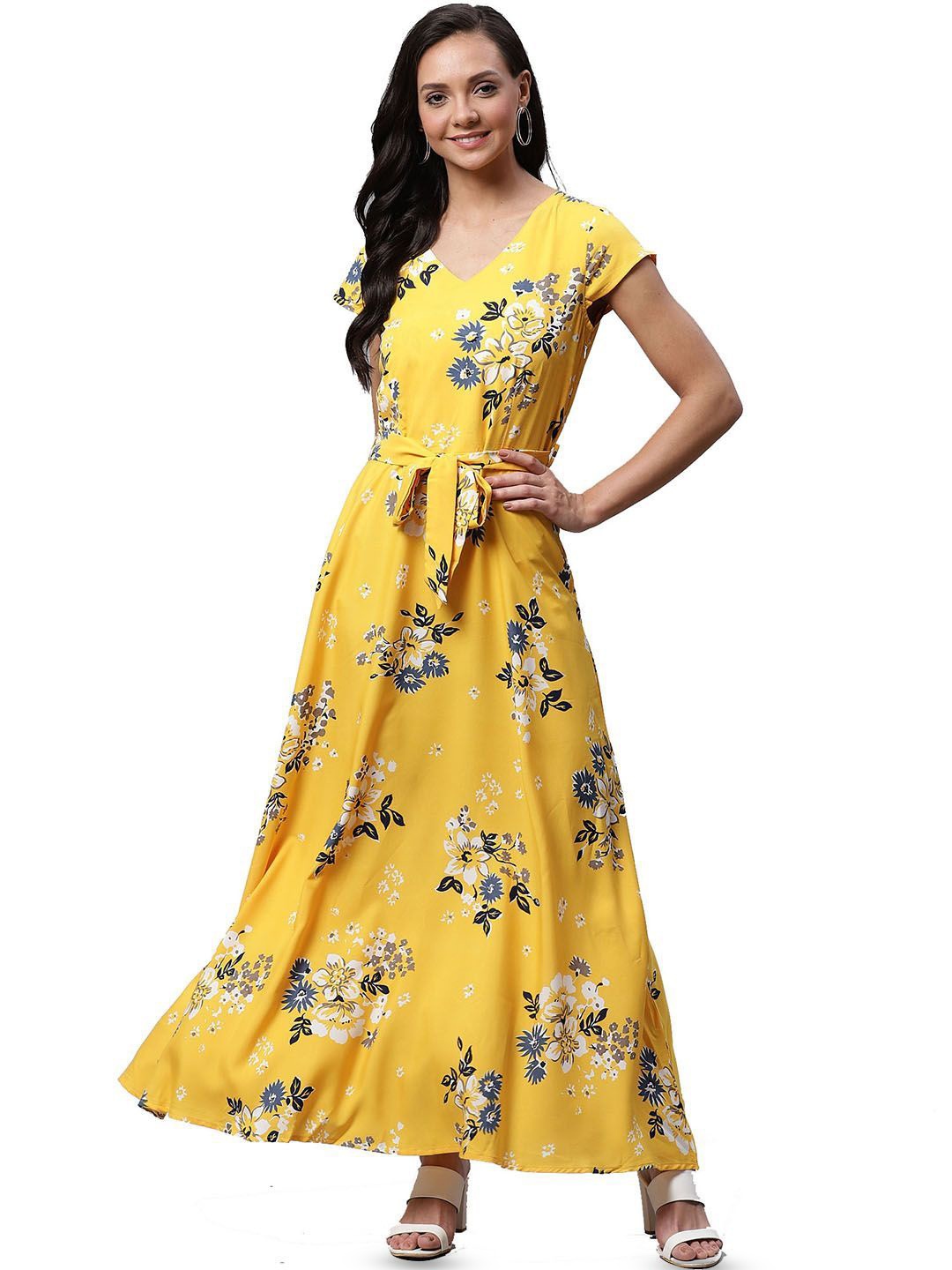 

DressBerry Floral Printed Crepe A-Line Maxi Dress, Yellow