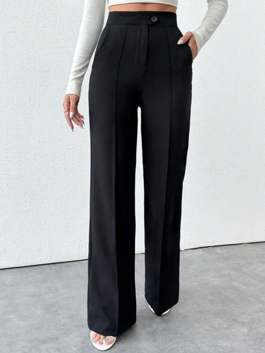 

BROADSTAR Women Smart Straight Fit High-Rise Easy Wash Pleated Trousers, Black