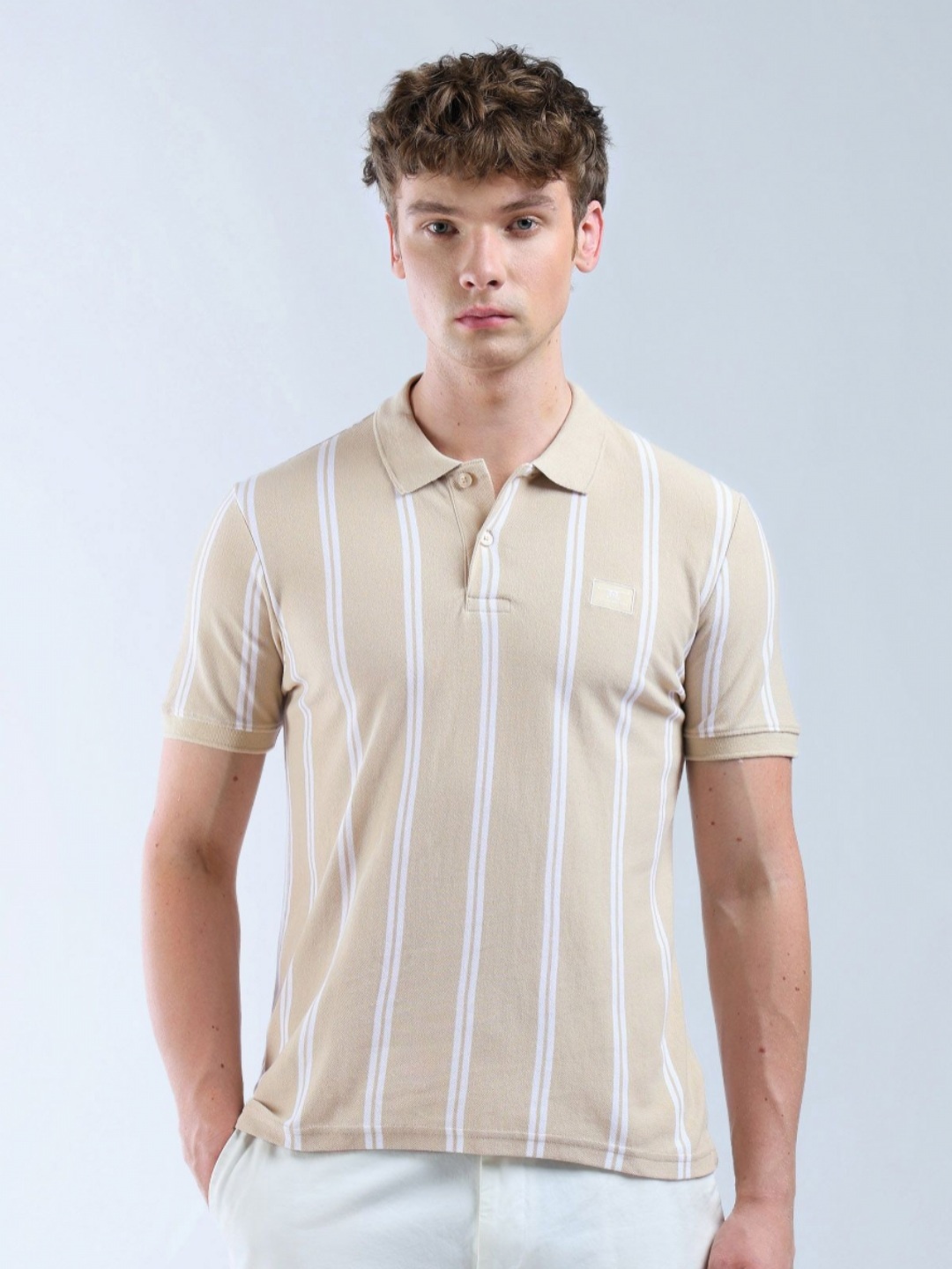 

Flying Machine Men Striped Polo Collar Cotton T-shirt, Beige
