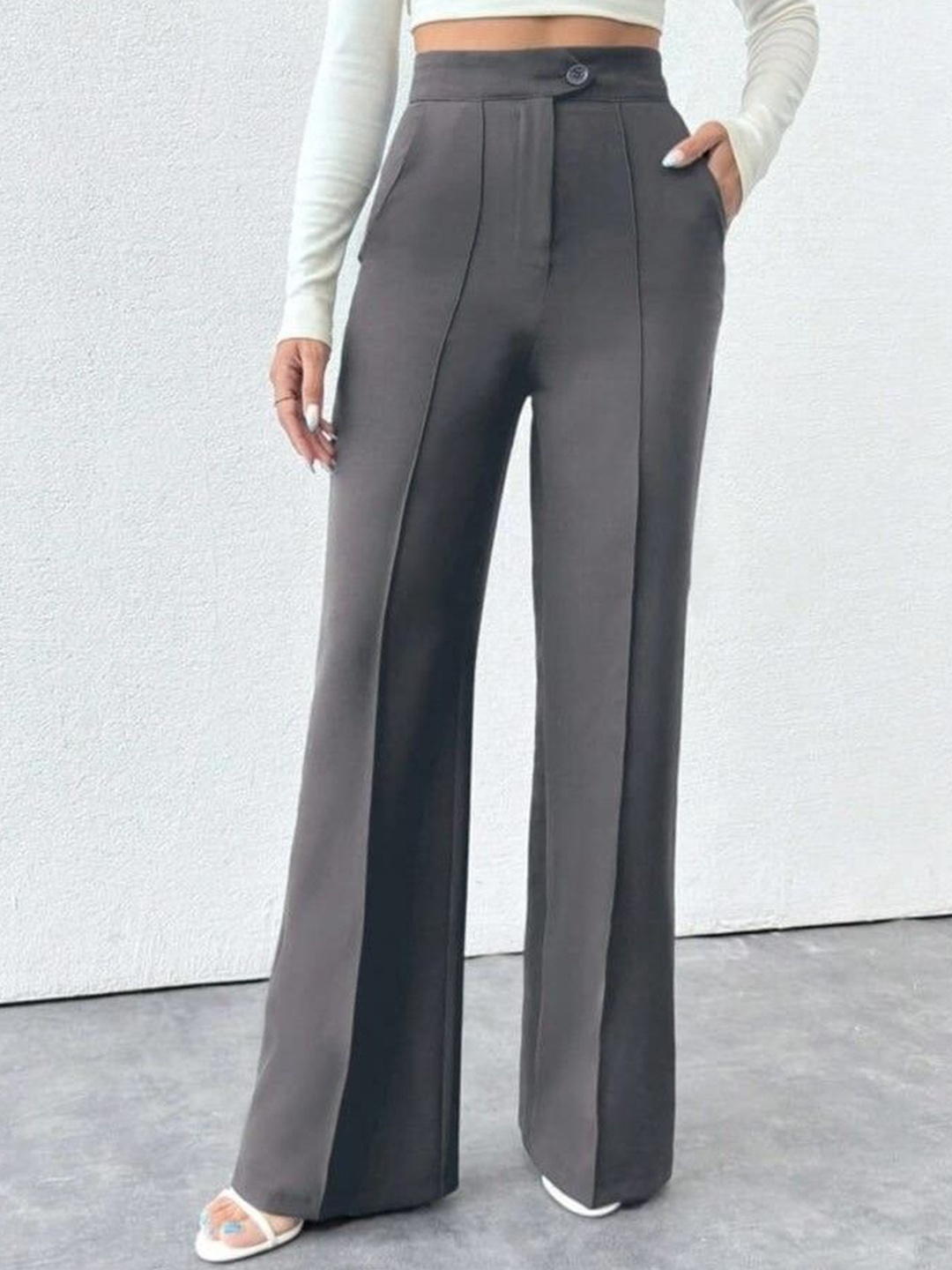 

BROADSTAR Women Smart Straight Fit High-Rise Easy Wash Pleated Trousers, Grey