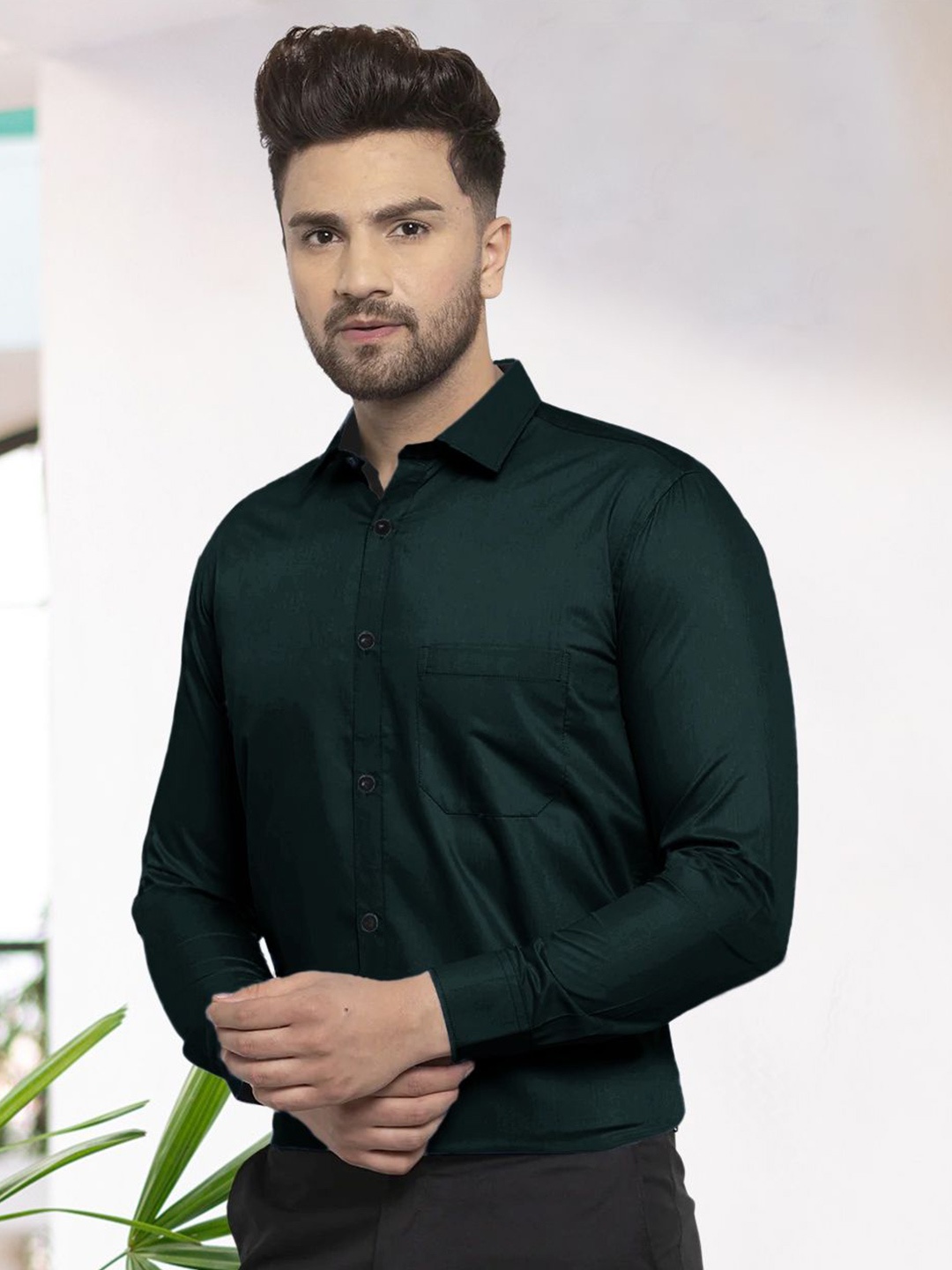 

Moda Rapido Men Standard Fit Spread Collar Solid Cotton Formal Shirt, Olive