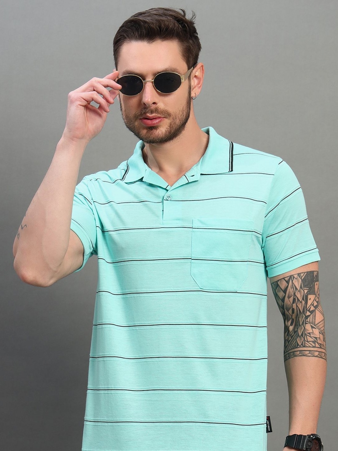 

RENUOVO Men Striped Polo Collar Cotton Slim Fit T-shirt, Turquoise blue