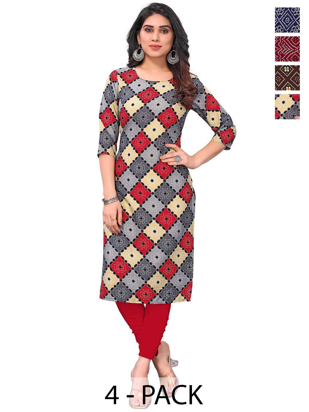 

KETAKI FASHION Selection Of 4 Geomteric Printed Round Neck Straight Kurtas, Red
