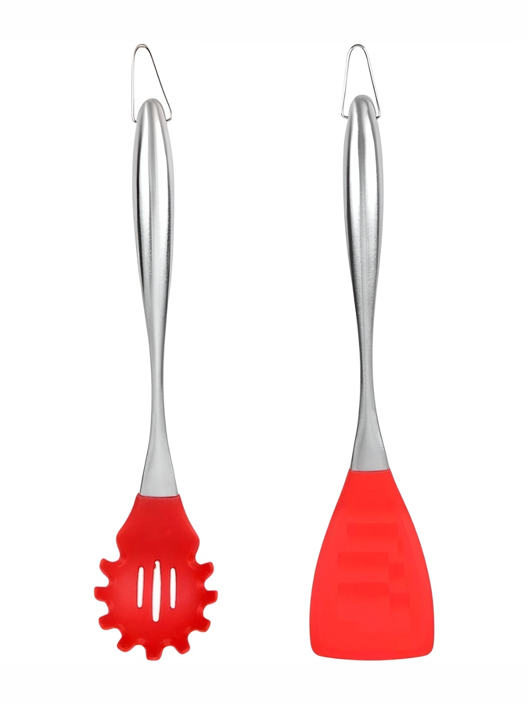 

Baskety Red Steel Pasta Server Spoon With Plain Slotted Spatula Silicone Spatula