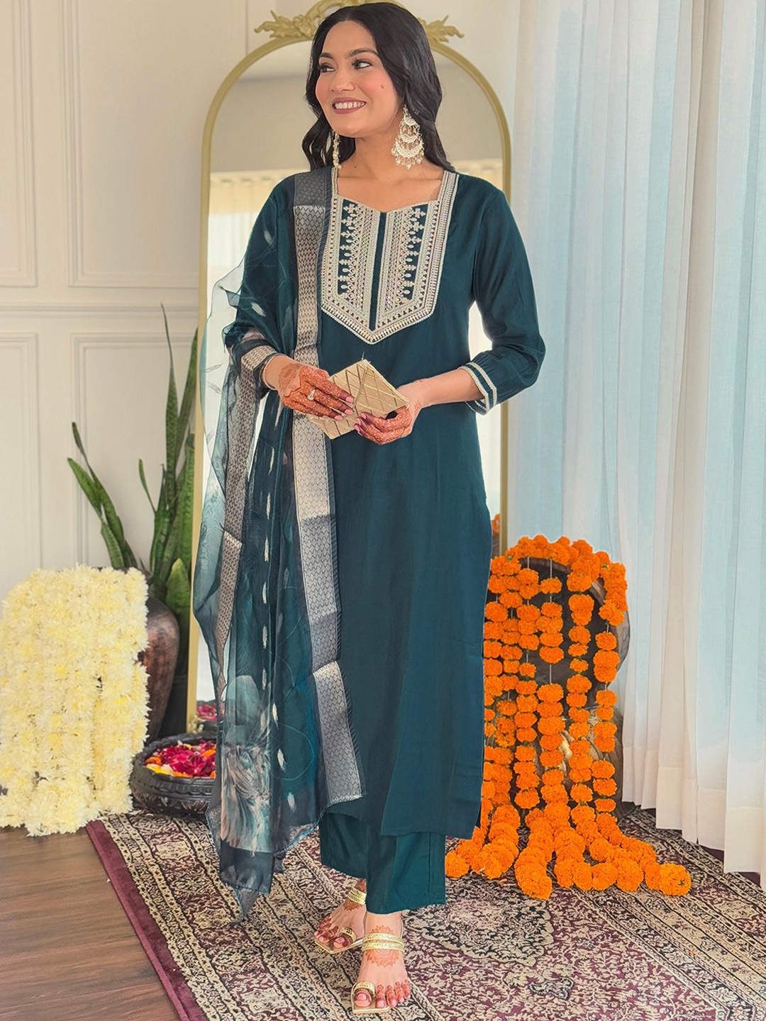 

KALINI Ethnic Motifs Yoke Design Chanderi Silk Straight Kurta With Trousers And Dupatta, Teal