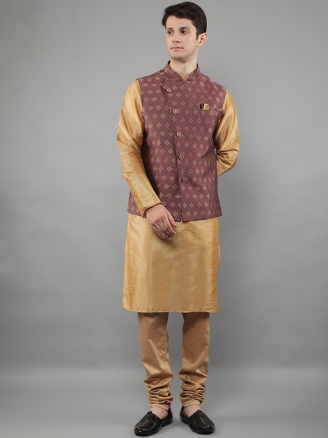 

Manish Creations Woven Design Mandarin Collar Straight Kurta with Churidar & Nehru jacket, Beige