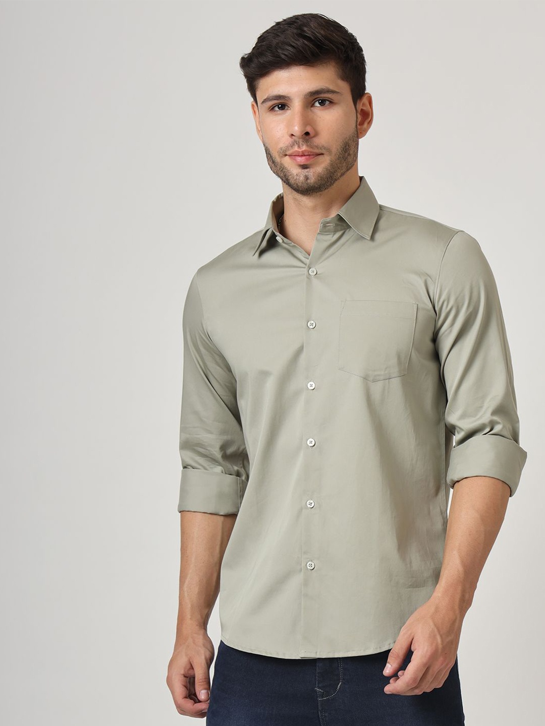 

AMSWAN Men Spread Collar Solid Satin Casual Shirt, Khaki