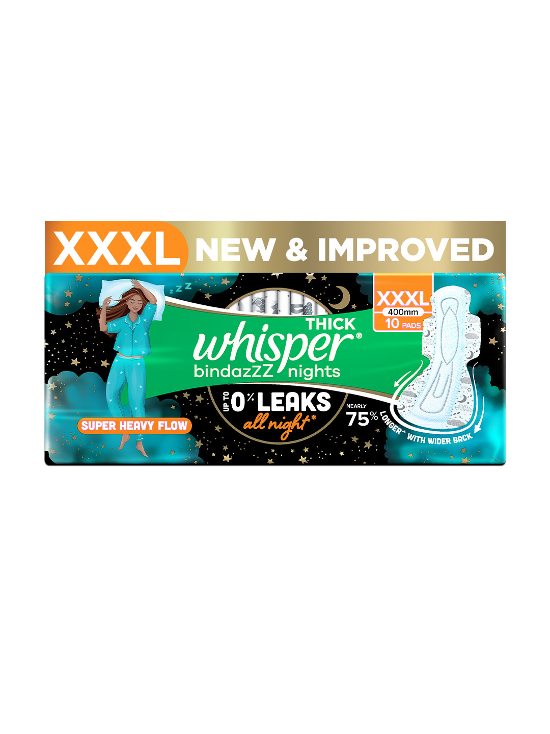 

Whisper Bindazzz Nights XXXL Sanitary Pads with Upto 0% Leaks All Night Long - 10 Pads, Black