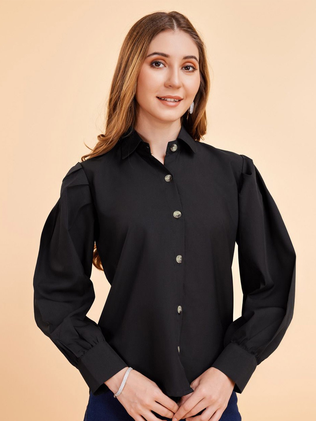 

ANN SPRINGS Women Comfort Fit Spread Collar Solid Casual Shirt, Black
