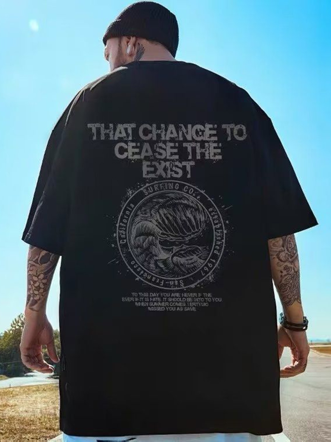 

HERE&NOW Men Typography Printed Round Neck Cotton Oversized T-shirt, Black