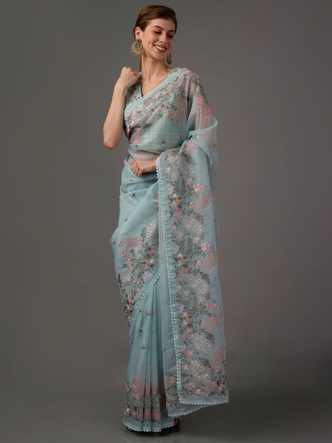 

SANJAR CREATION Floral Chikankari Organza Banarasi Saree, Blue