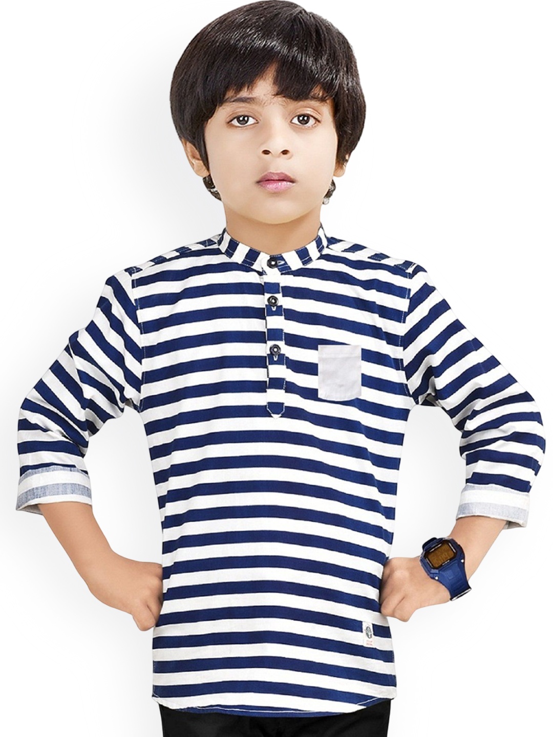 

MADE IN THE SHADE Boys Striped Band Collar Pure Cotton Short Kurta, Navy blue