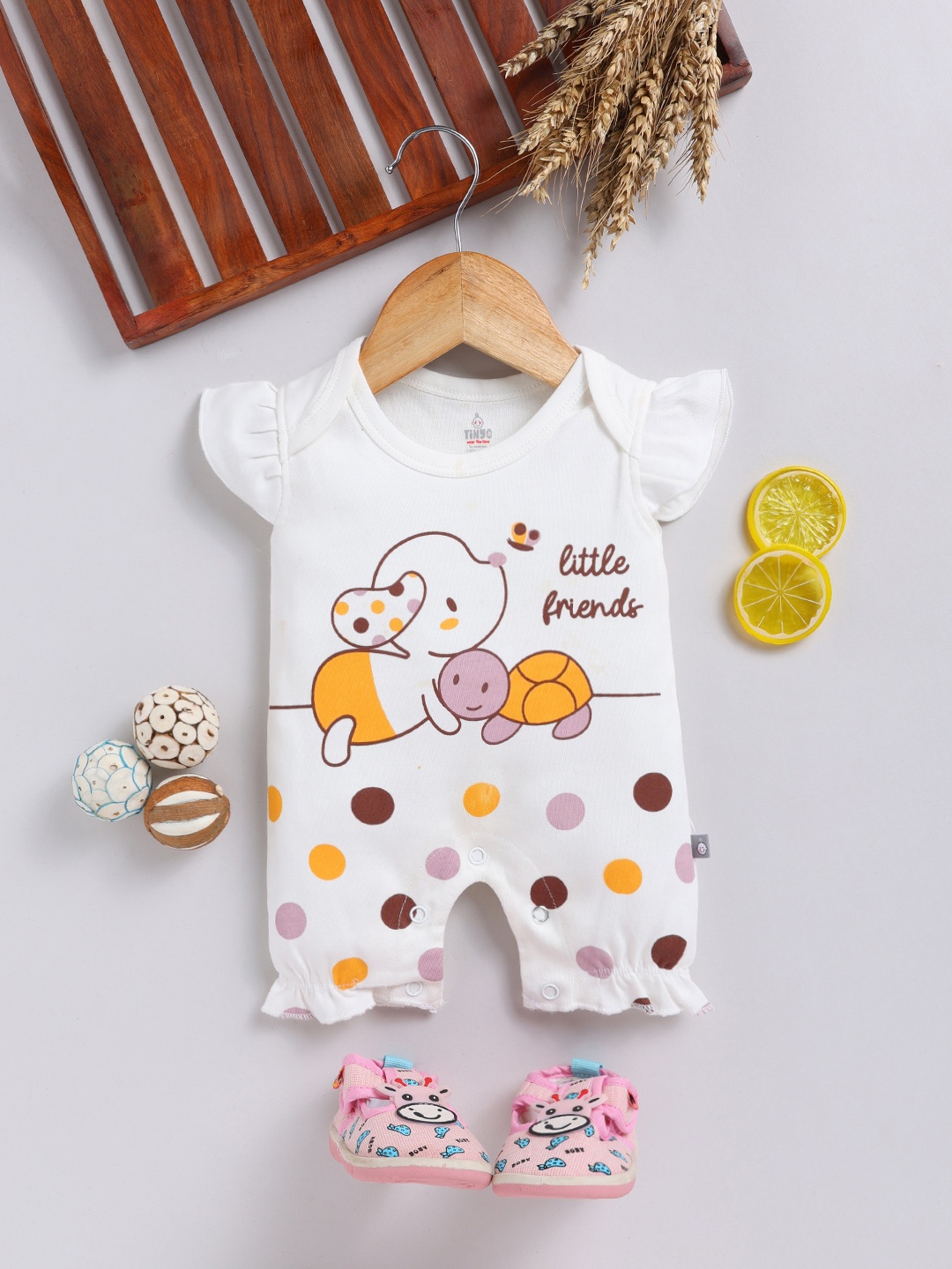 

YK X Tinyo Infant Girls Printed Cotton Rompers, Off white