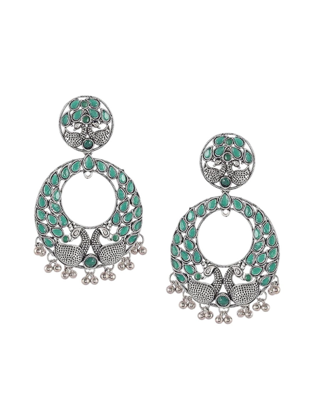 

Kezlin German Silver Silver-Plated Peacock Shaped Oxidised Drop Earrings, Green