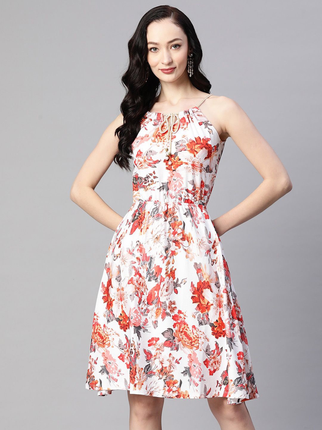

KALINI Women Floral Printed Shoulder Straps Fit & Flare Dress, White