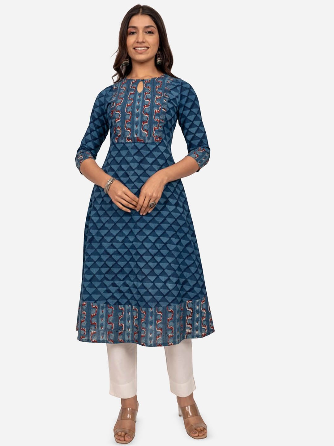 

INDIE JHOLA Geometric Printed Keyhole Neck Pure Cotton Anarkali Kurta, Blue