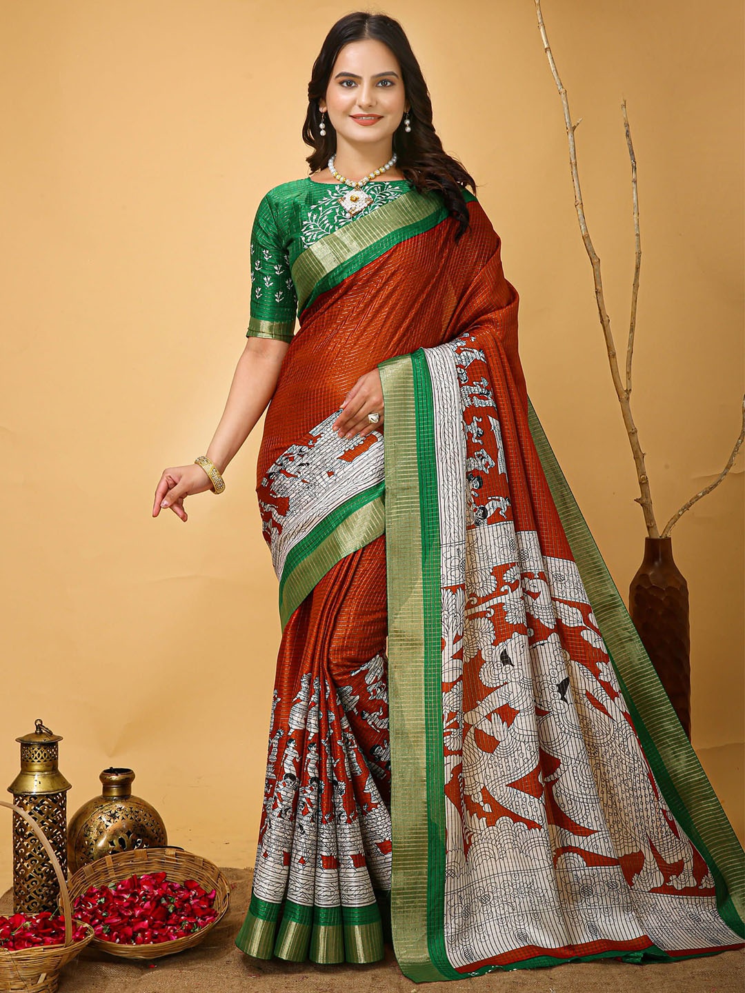 

KALINI Ethnic Motifs Zari Art Silk Banarasi Saree, Orange