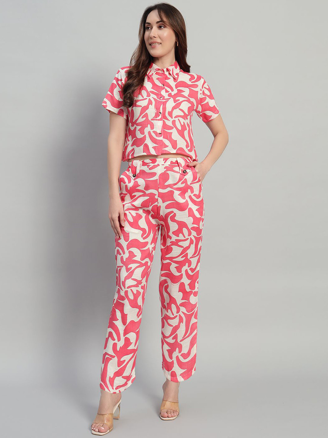 

ROSEMELON Abstract Printed Shirt Collar Shirt With Trouser, White