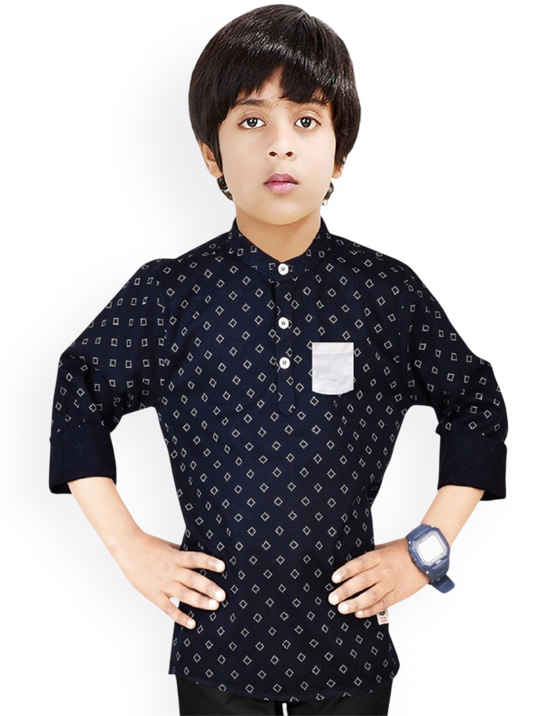 

MADE IN THE SHADE Boys Geometric Printed Band Collar Pure Cotton Short Kurta, Navy blue
