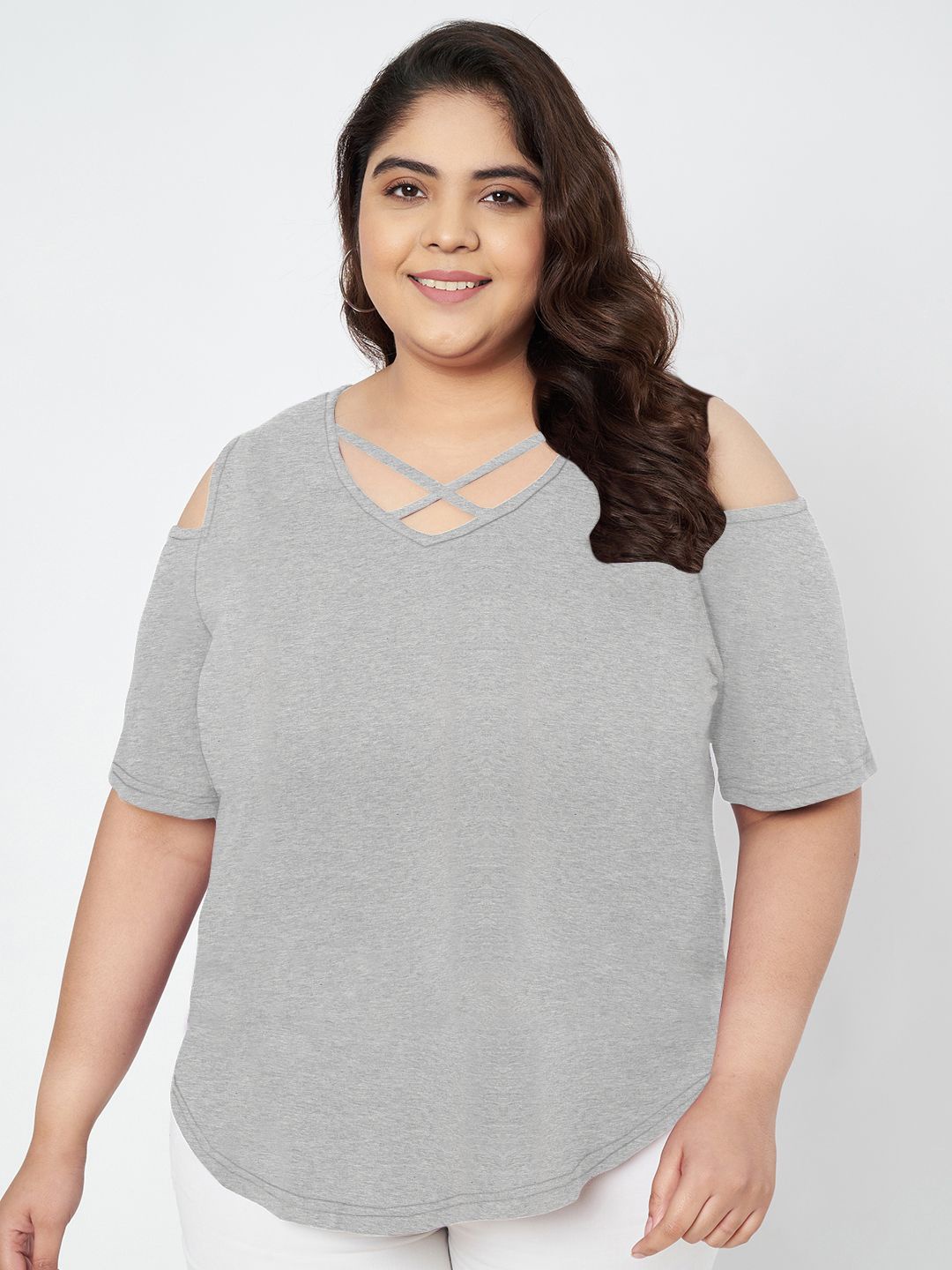 

BRINNS Plus Size Cut Out Detail Cotton Top, Grey melange