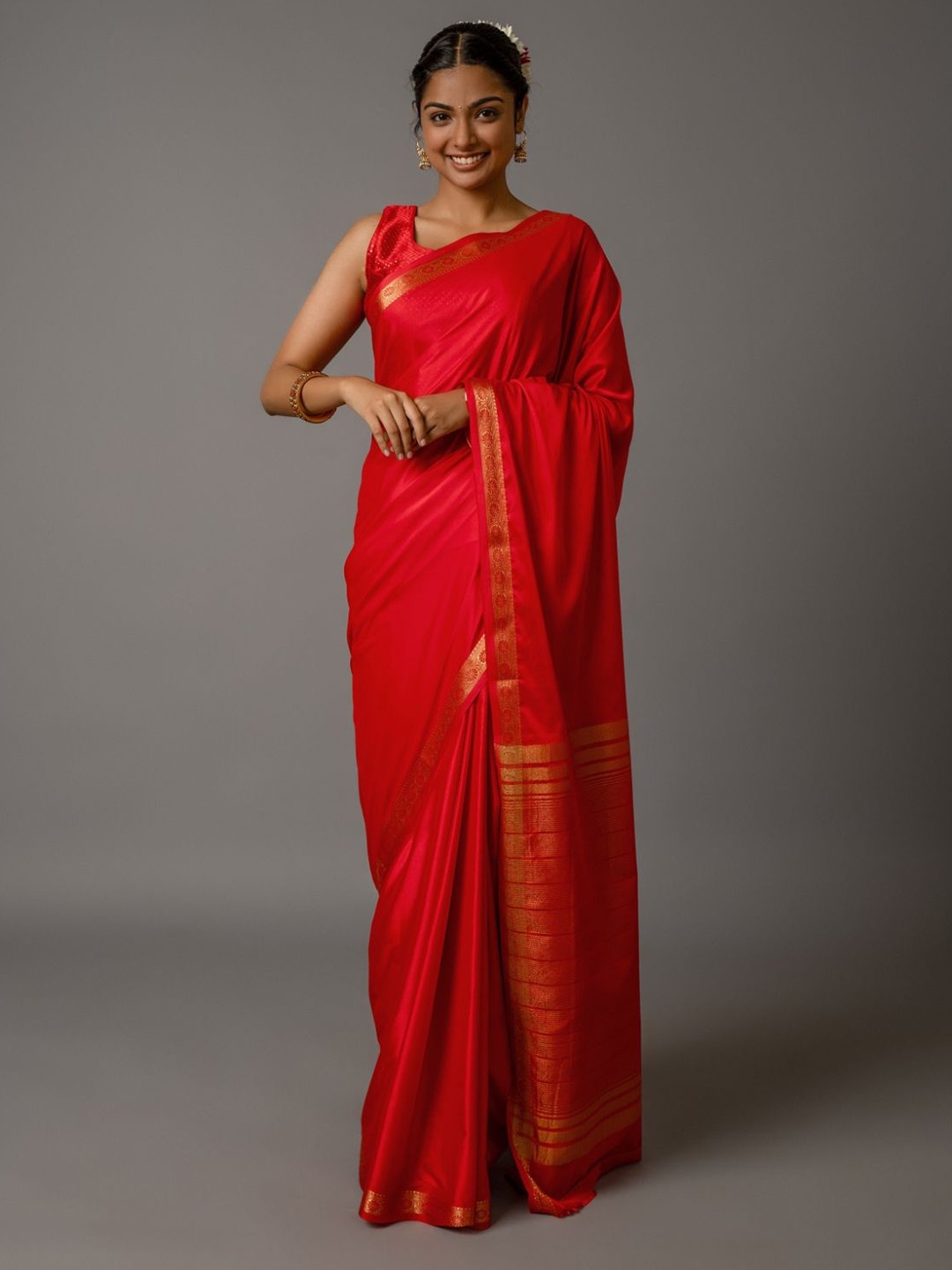 

SANJAR CREATION Ethnic Motifs Zari Poly Crepe Banarasi Saree, Red