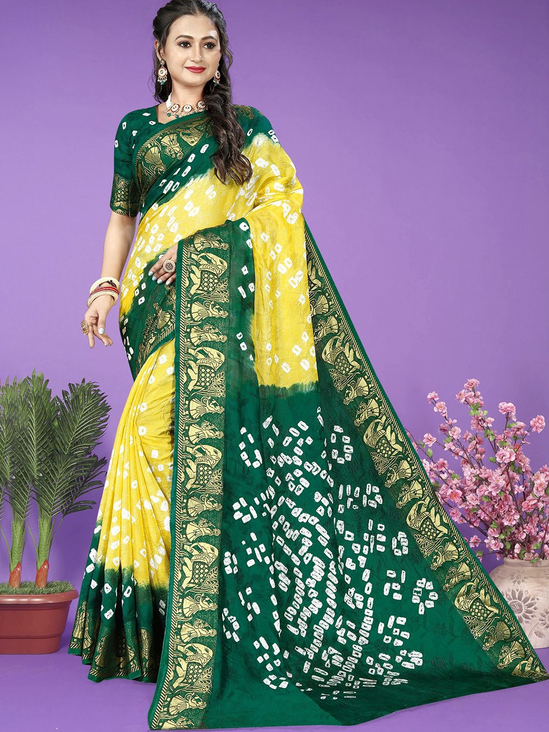 

Bandhanivilla Bandhani Printed Zari Saree, Yellow