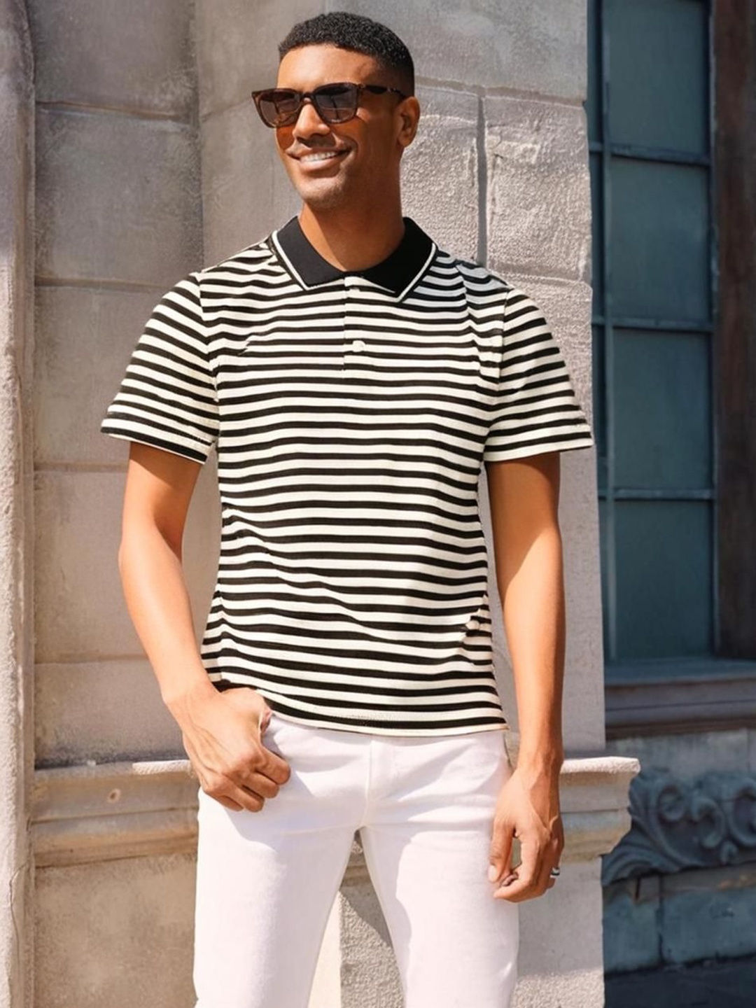 

MACK JONNEY Men Regular Fit Striped Polo Collar Cotton T-shirt, Black