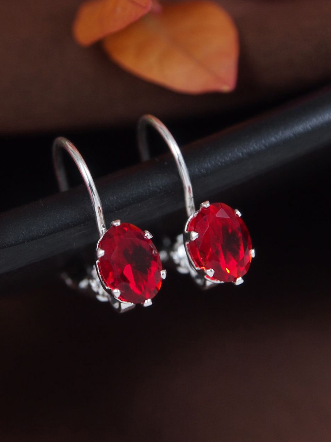 

I Jewels Silver-Plated Artificial Stones Studded Oval Shaped Drop Earrings