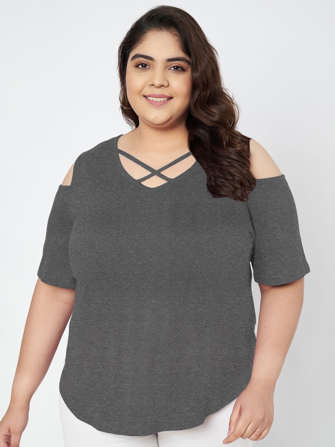 

BRINNS Women Plus Size Cut Out Detail Cotton Top, Charcoal