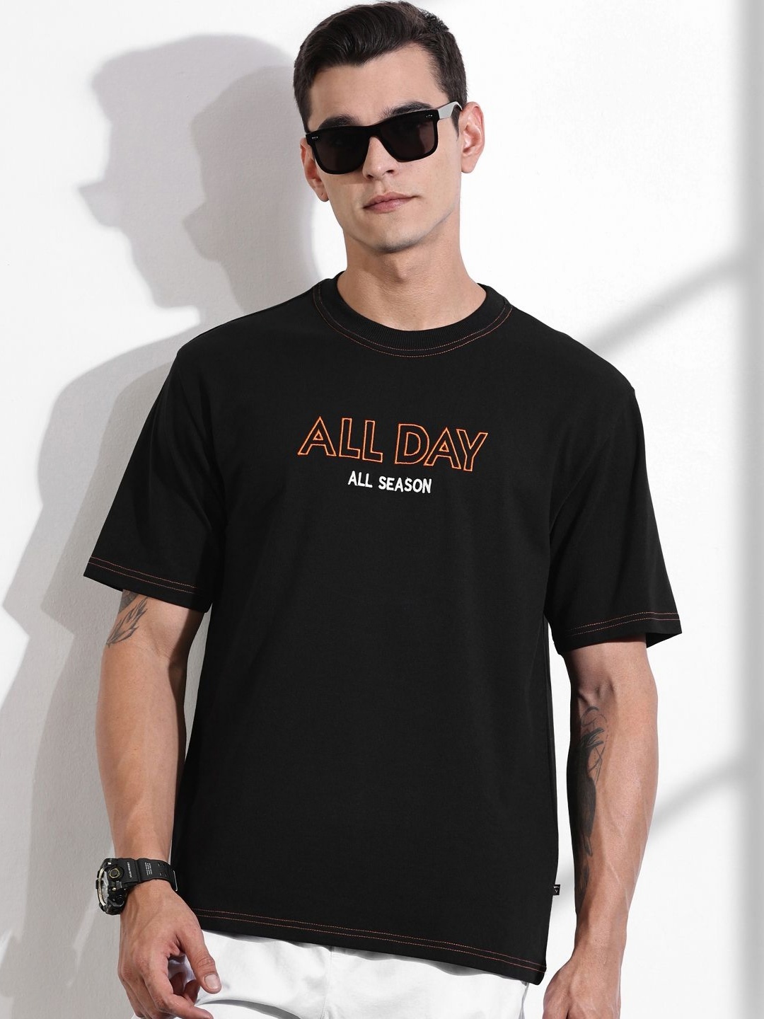 

Thomas Scott Men Typography Printed Round Neck Embroidered Relaxed Fit T-shirt, Black