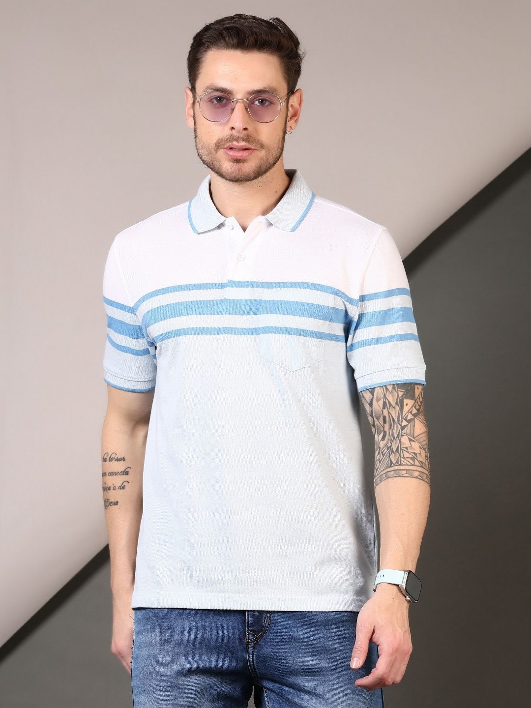 

V-Mart Men Striped Polo Collar Cotton T-shirt, Blue