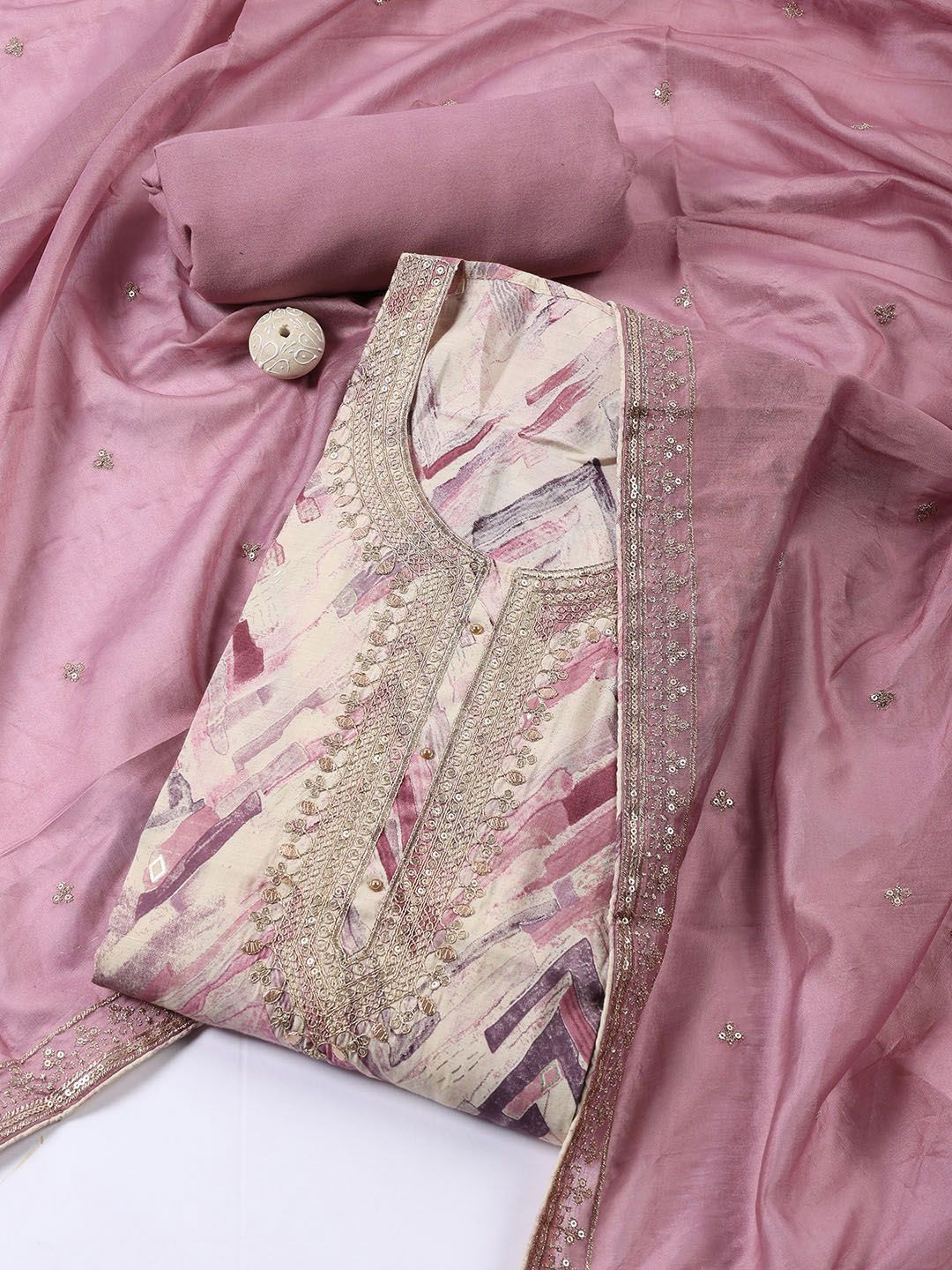 

Meena Bazaar Abstract Printed Zari Cotton Unstitched Dress Material, Beige