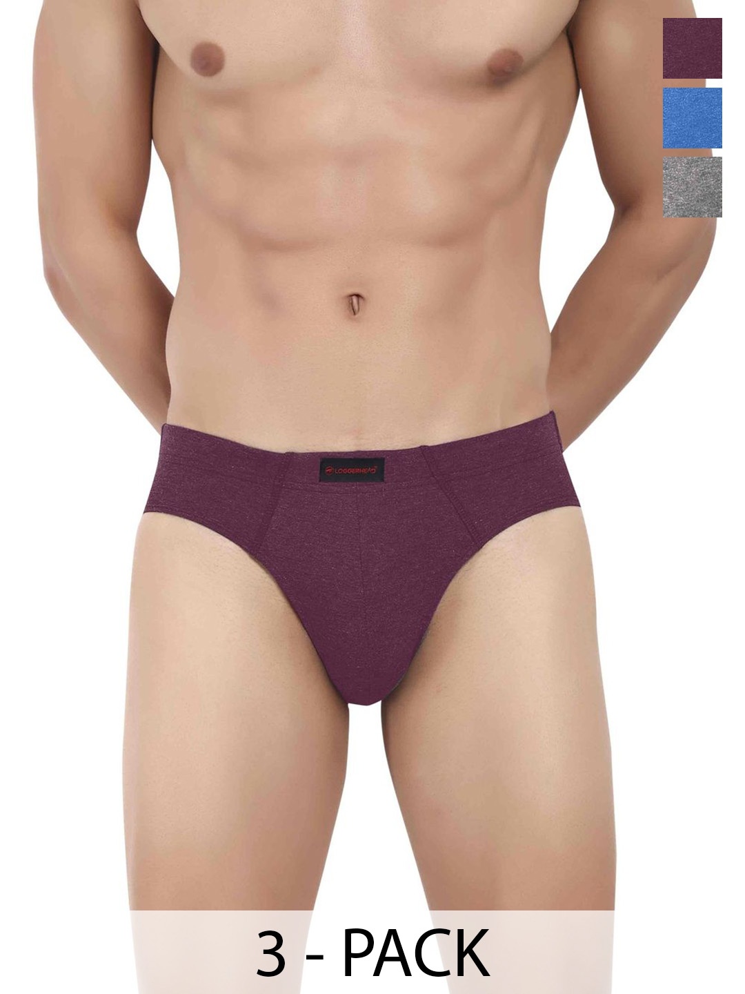 

LOGGERHEAD Pack Of 3 Cotton Mid-Rise Basic Briefs LHCB001-BLUE-DARK GREY-WINE