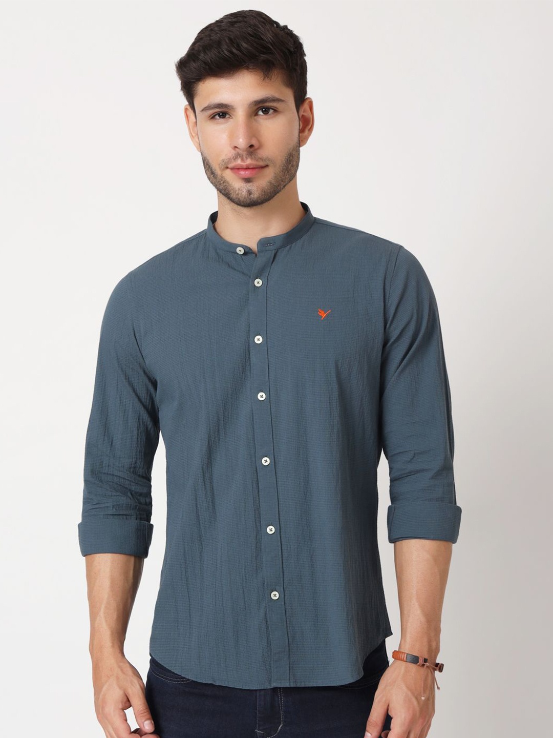 

AMSWAN Men Band Collar Textured Cotton Casual Shirt, Grey