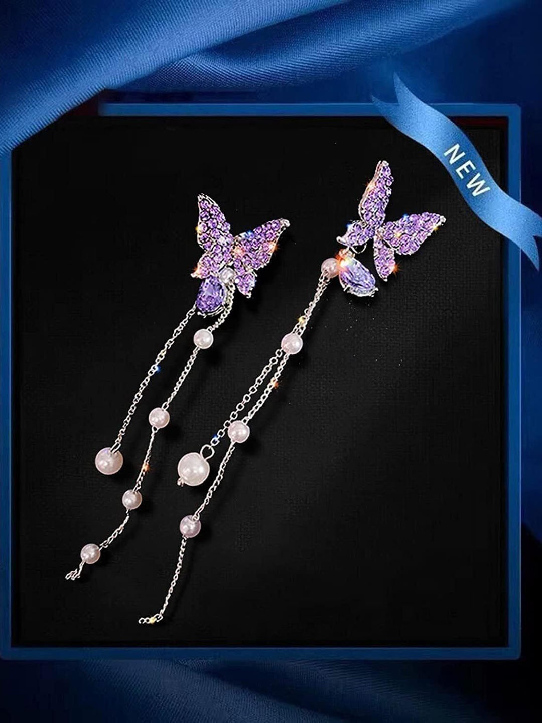 

Celestique Korean Butterfly Artificial Stones Studded & Pearl Beaded Drop Earrings, Purple