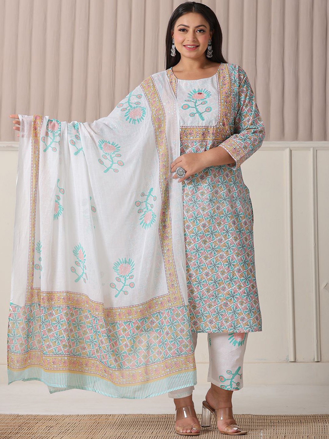 

Yufta Women Ethnic Motifs Embroidered Regular Kantha Work Pure Cotton Kurta with Trousers & With Dupatta, White