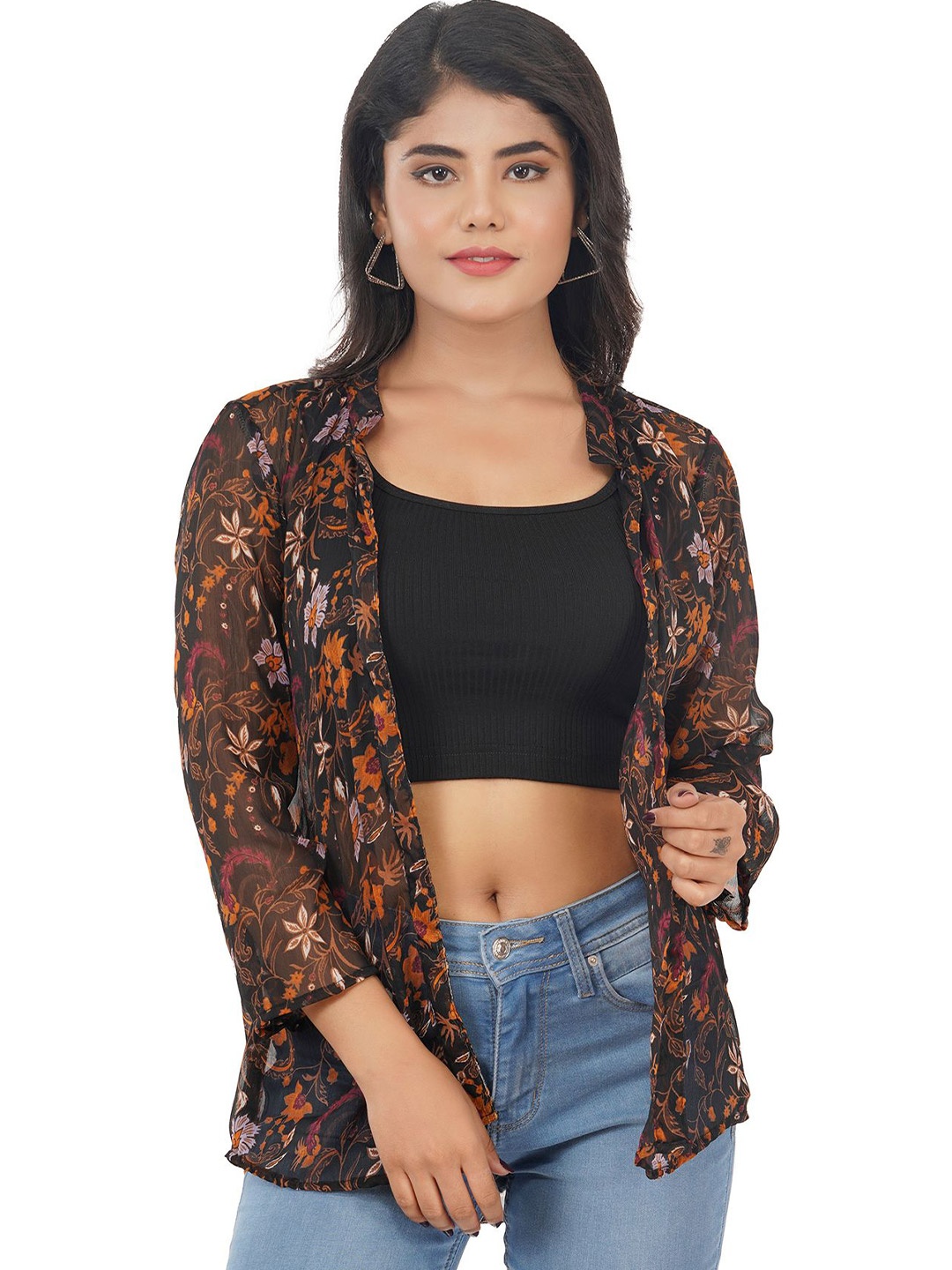 

Edla Floral Printed Mandarin Collar Open Front Shrug, Black