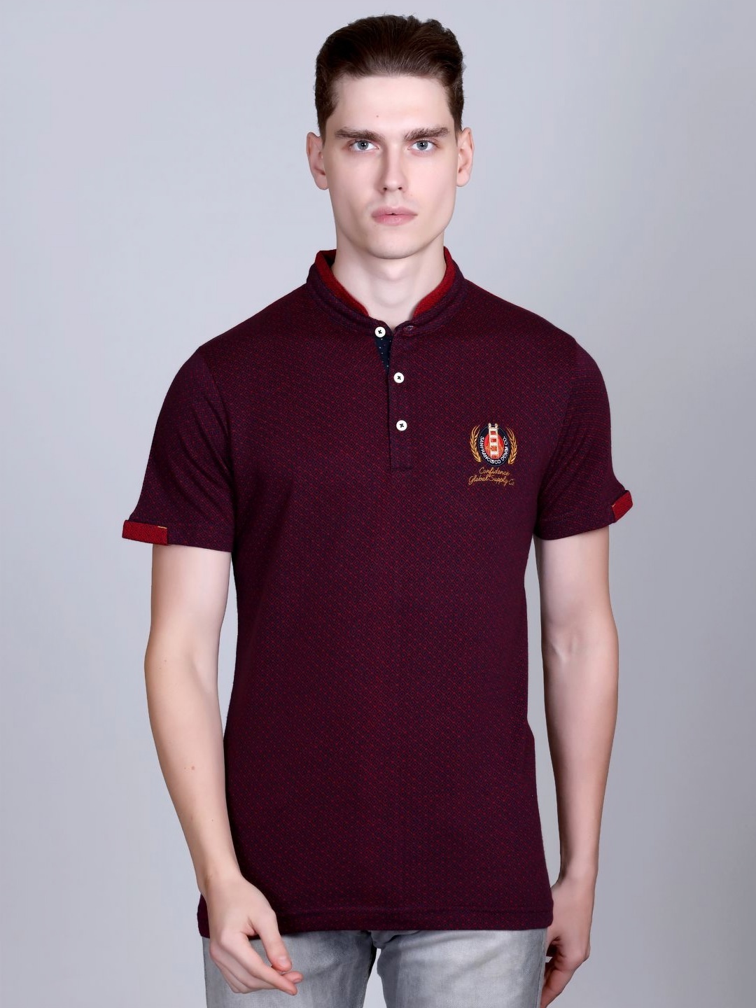 

CONFIDENCE Men Geometric Printed Mandarin Collar Cotton Slim Fit T-shirt, Burgundy