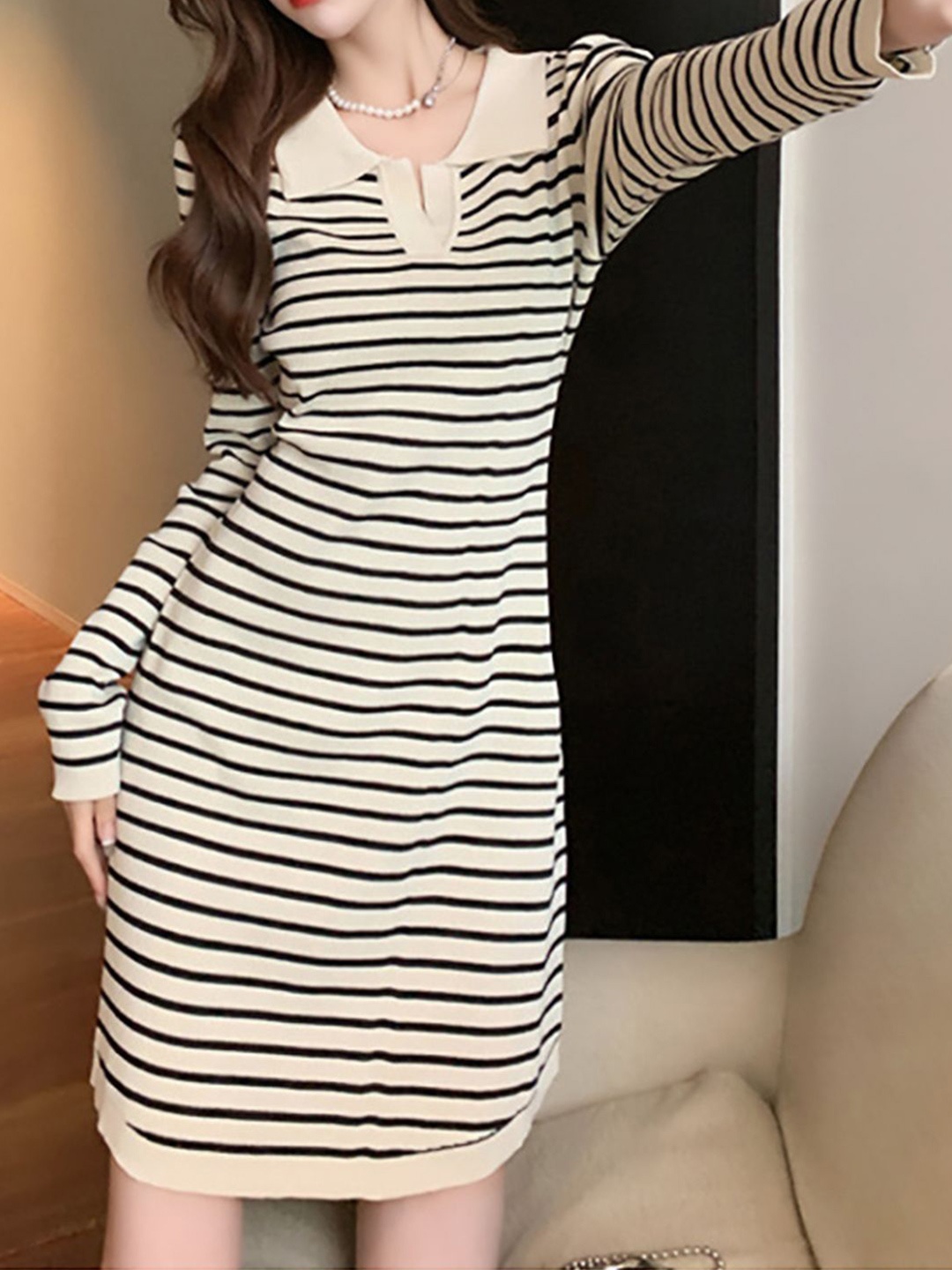 

Mast & Harbour Monochrome Striped Polo Collar Bodycon Dress, Black