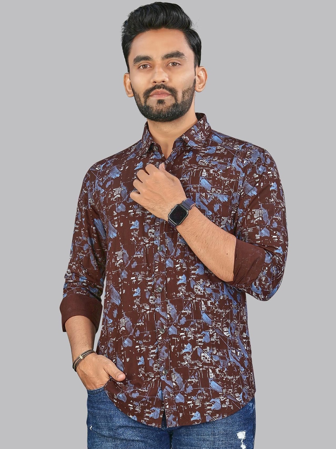 

Metronaut Men Classic Fit Spread Collar Abstract Printed Cotton Casual Shirt, Brown