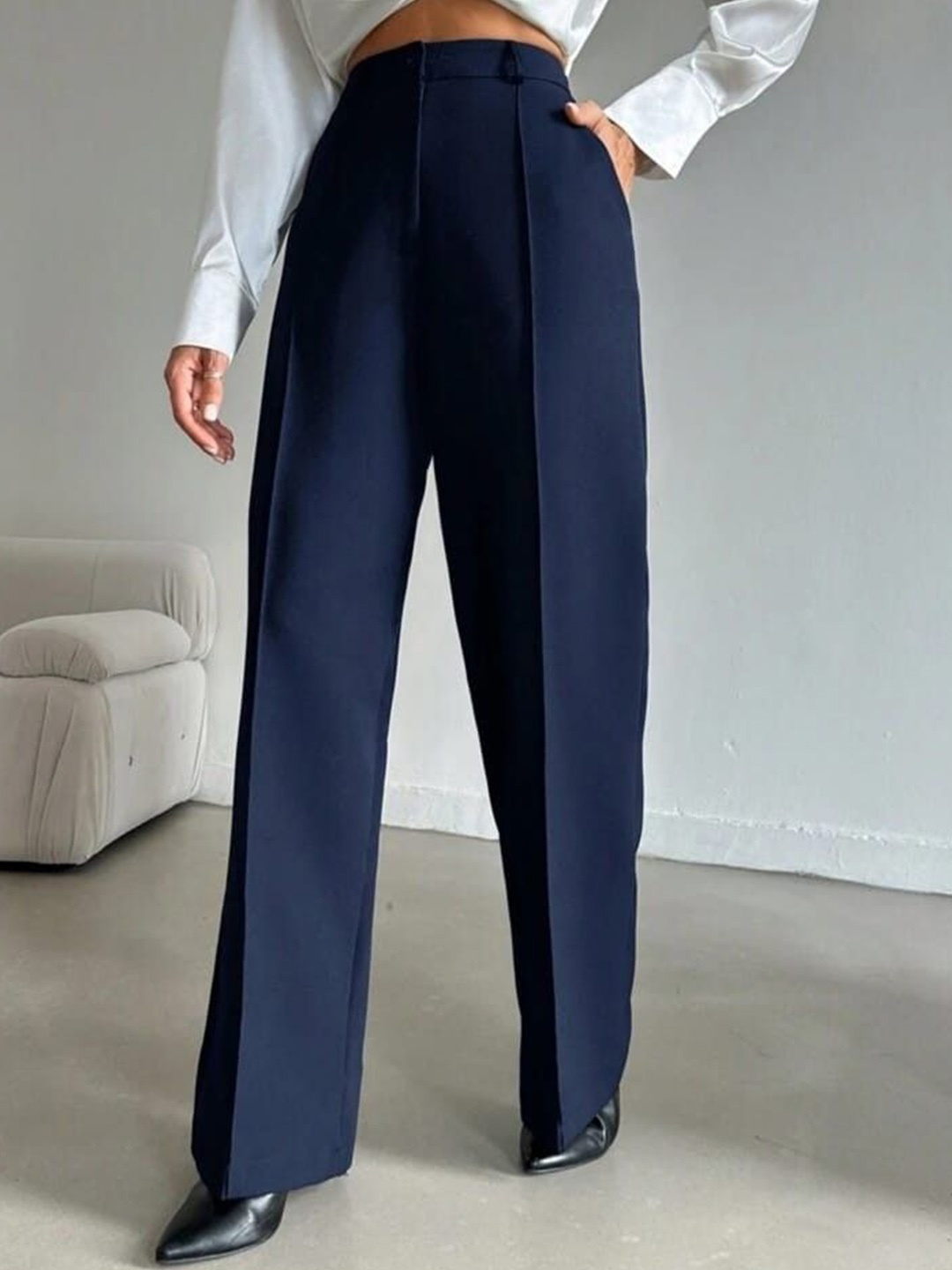 

Next One Women Smart Straight Fit High-Rise Easy Wash Pleated Trousers, Navy blue