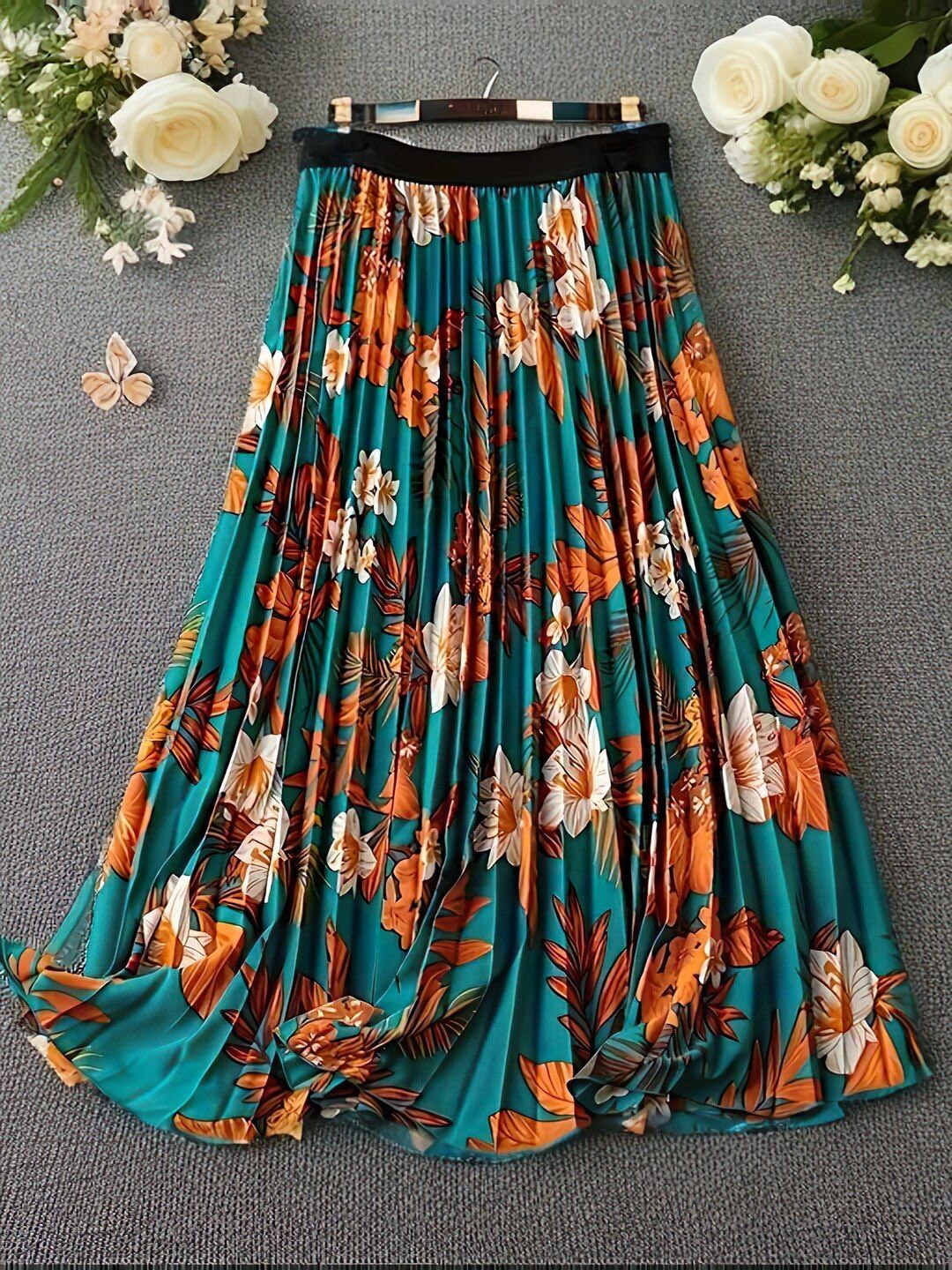 

ZWERLON Floral Printed Pleated A-Line Maxi Skirt, Blue