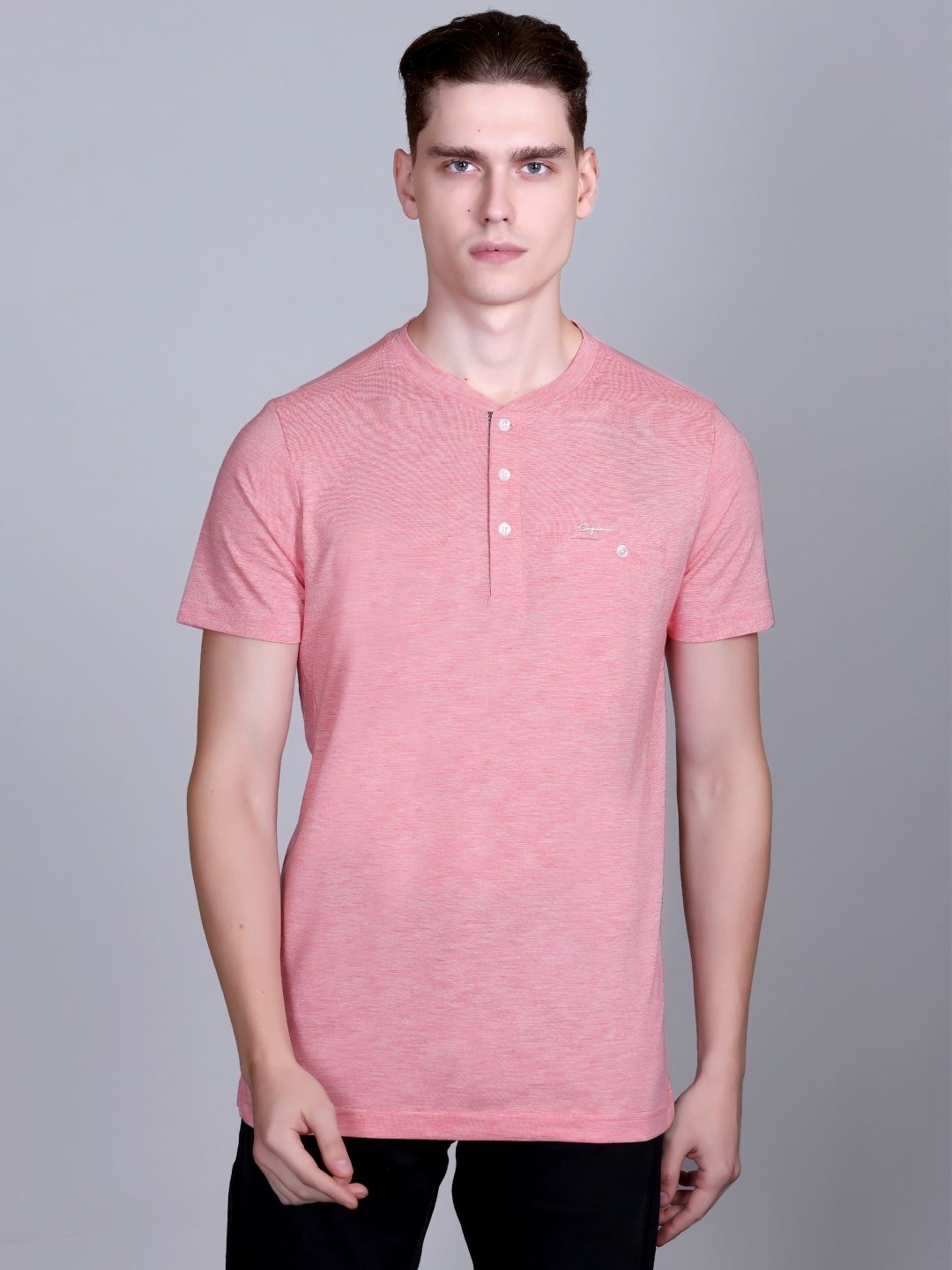 

CONFIDENCE Men Solid Henley Neck Cotton Slim Fit T-shirt, Peach