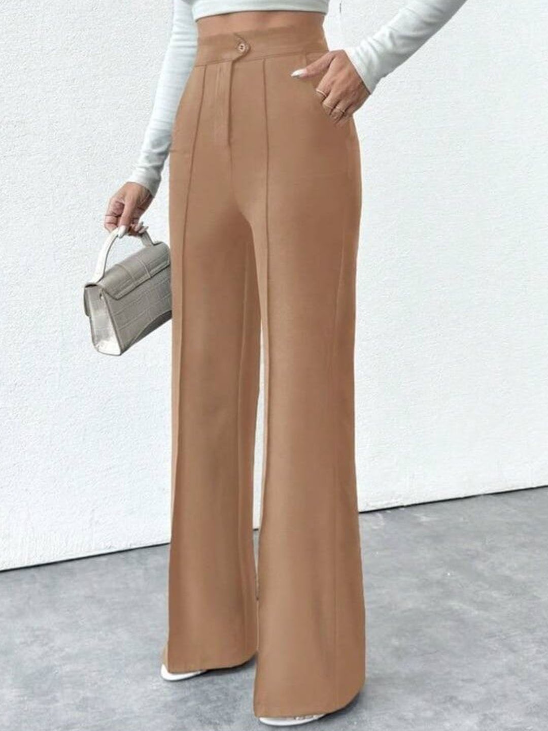 

BROADSTAR Women Smart Straight Fit High-Rise Easy Wash Pleated Trousers, Beige